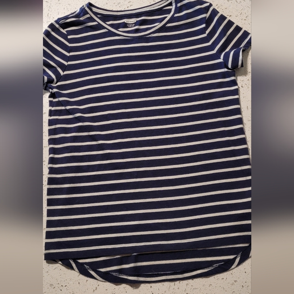 Old Navy Blue and White Striped Softest Tee with Asymmetrical Hemline